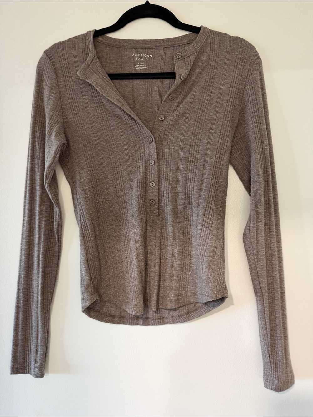 American Eagle Outfitters Ribbed Long Sleeve Henley Top — Taupe